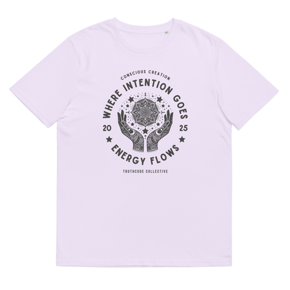 Lavender organic t-shirt with graphic design of hands around a mandala and text 'Where intention goes energy flows' on a white background