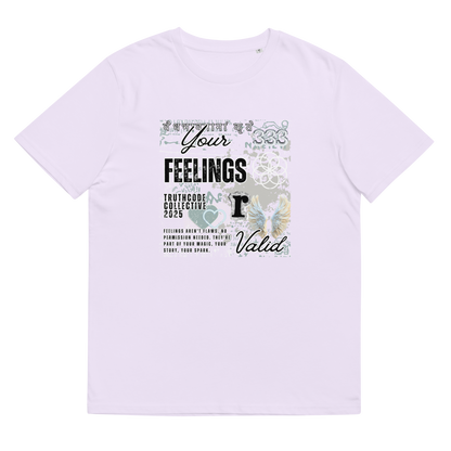 Lavender organic t-shirt with collage style  graphic design and text 'Your feelings R valid' on a white background
