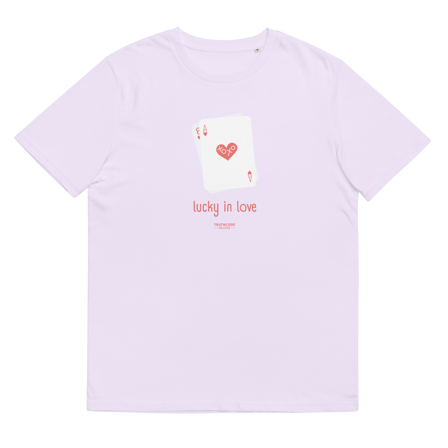 Lavender organic t-shirt with a graphic of playing cards and 'lucky in love' text on a white background