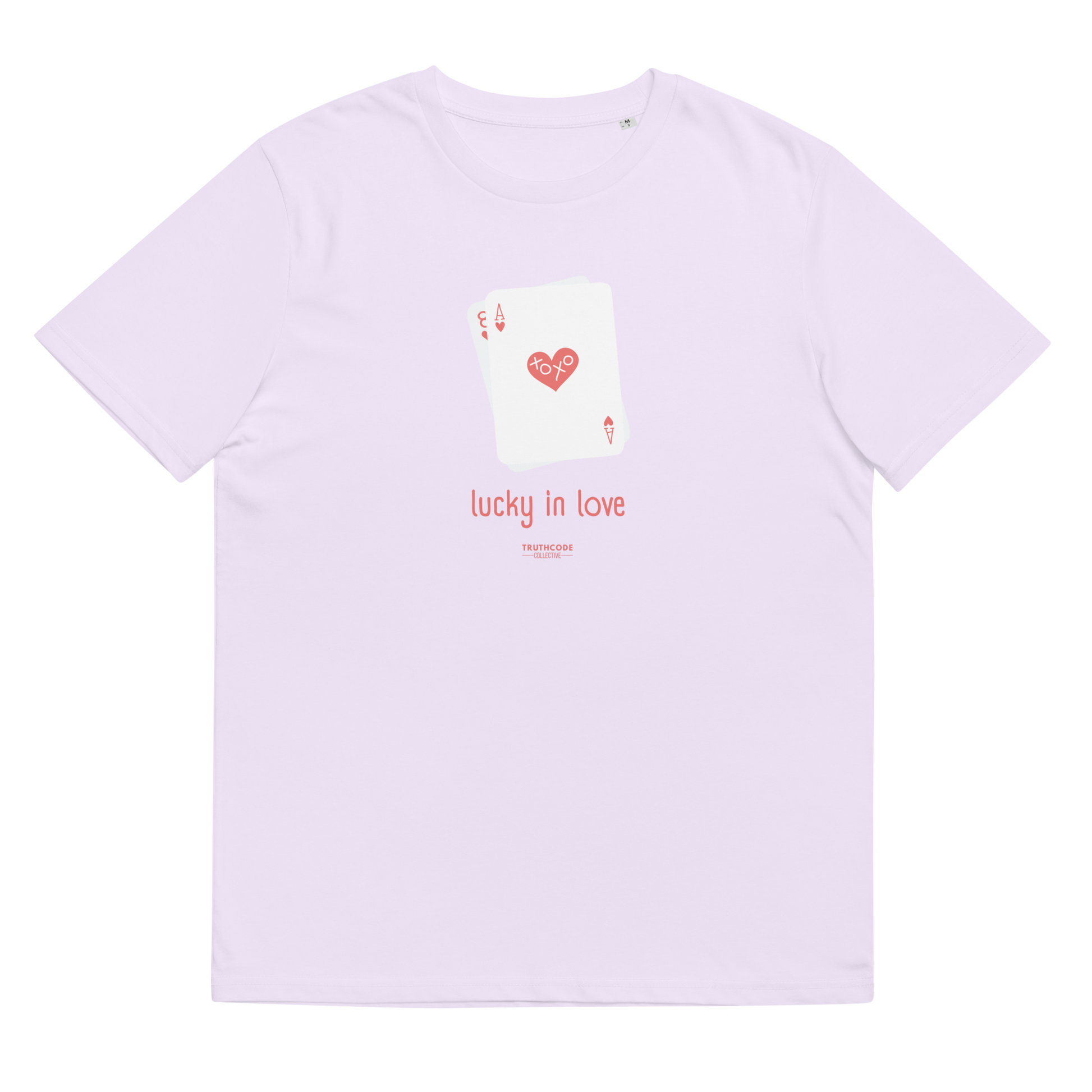 Lavender organic t-shirt with a graphic of playing cards and 'lucky in love' text on a white background