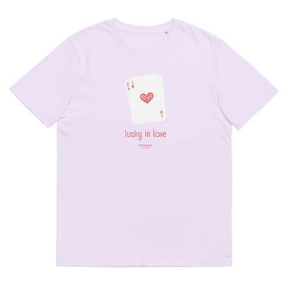 Lavender organic t-shirt with a graphic of playing cards and 'lucky in love' text on a white background