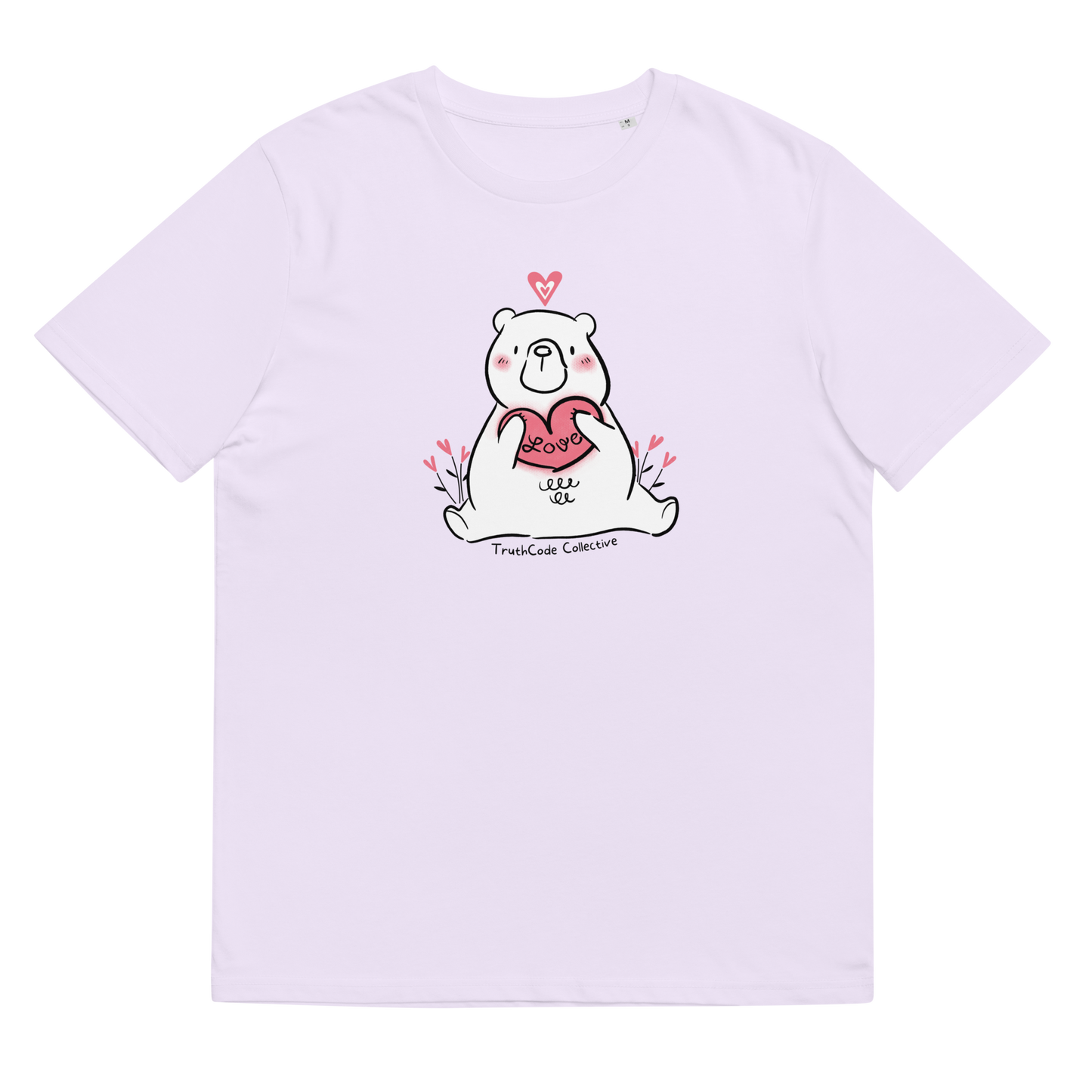 Lavender organic t-shirt with a bear holding a heart graphic and 'Love' text on a white background