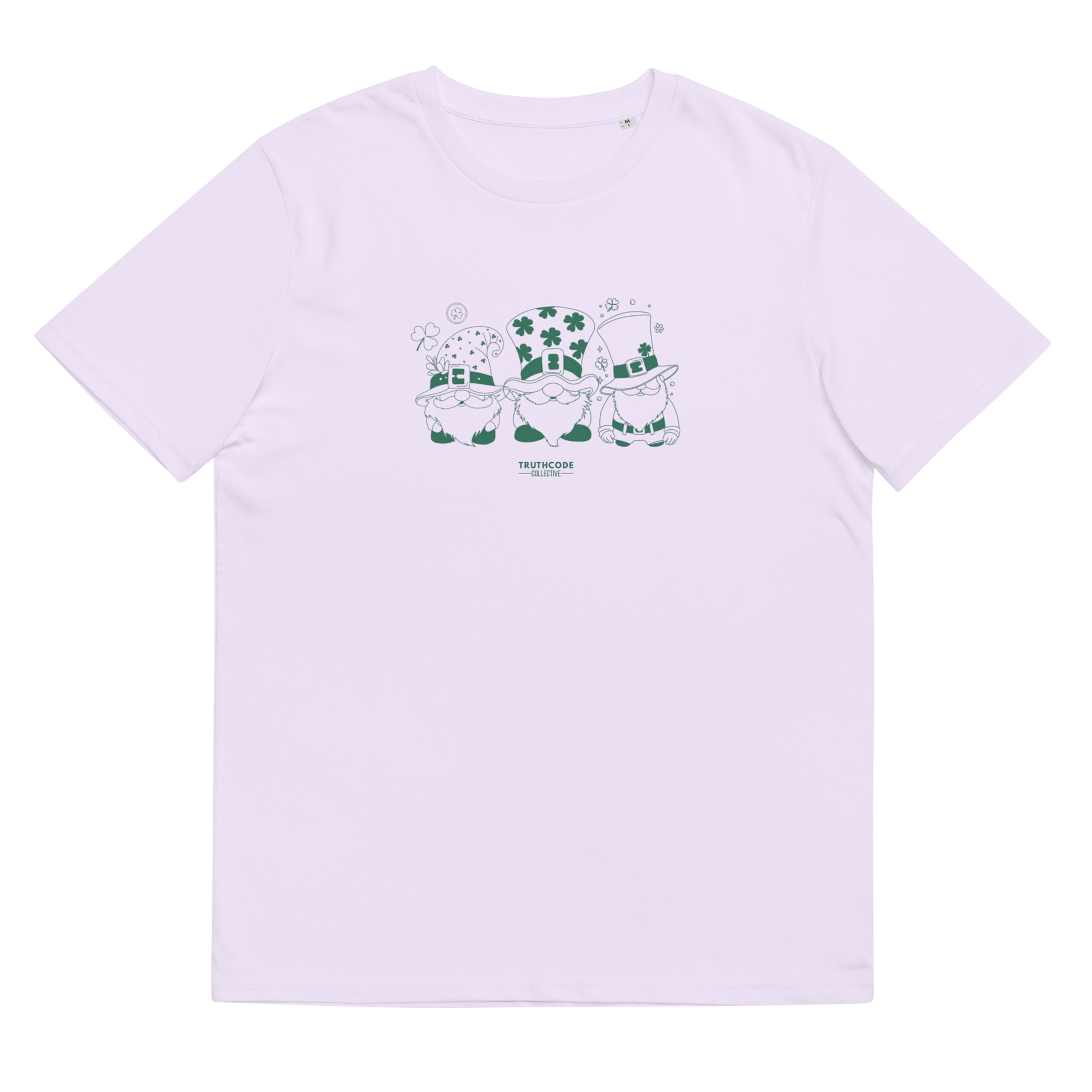 Lavender organic t-shirt with green graphic design of 3 gnome leprechauns,shirt on a white background