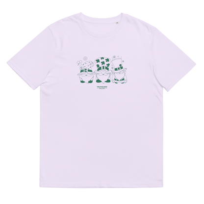 Lavender organic t-shirt with green graphic design of 3 gnome leprechauns,shirt on a white background