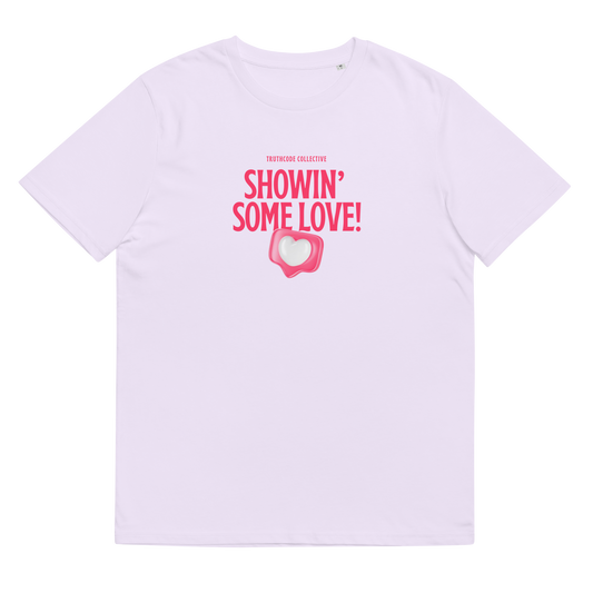 Lavender organic t-shirt with pink text 'Showin' some love!' and heart graphic on a white background