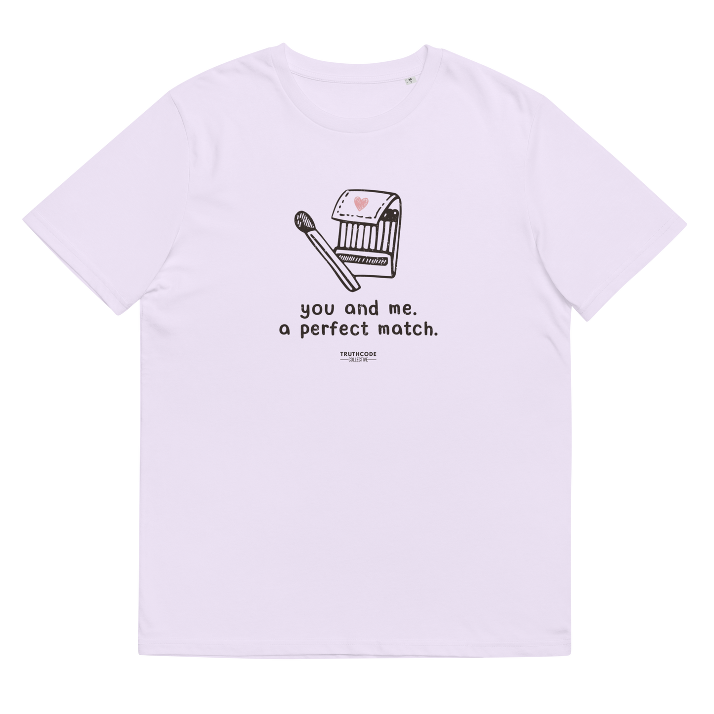 Lavender organic t-shirt with match book graphic design and text 'You and me, a perfect match' on a white background