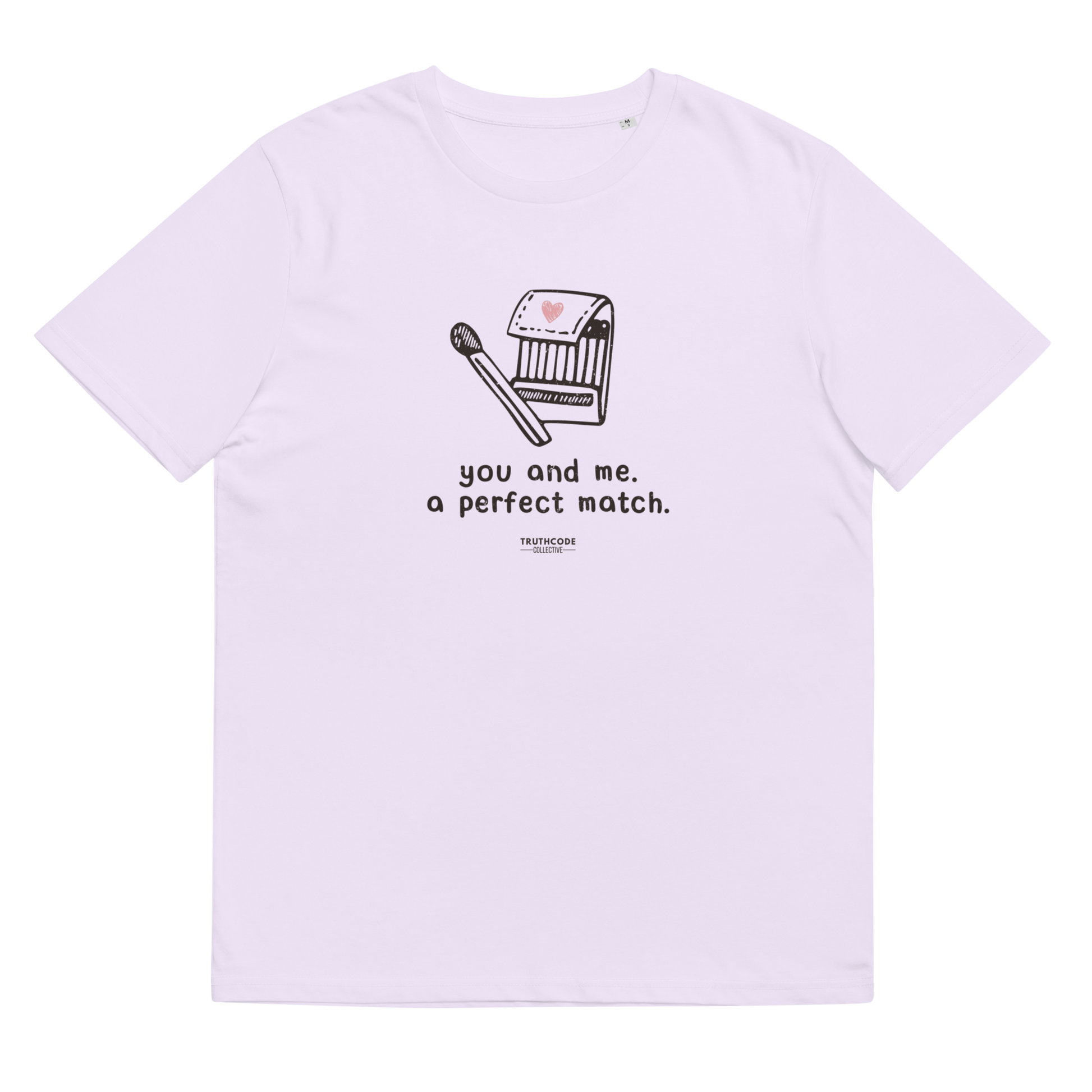 Lavender organic t-shirt with match book graphic design and text 'You and me, a perfect match' on a white background