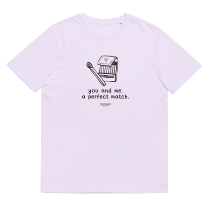 Lavender organic t-shirt with match book graphic design and text 'You and me, a perfect match' on a white background
