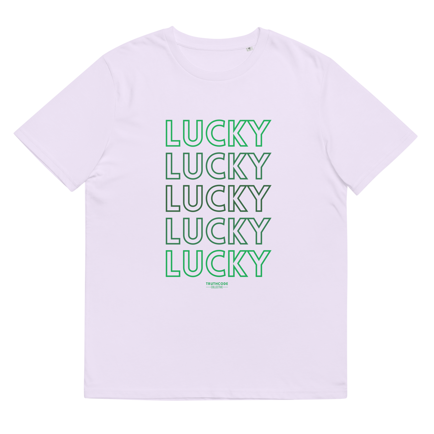 Lavender organic t-shirt with 'LUCKY' text in green on a white background