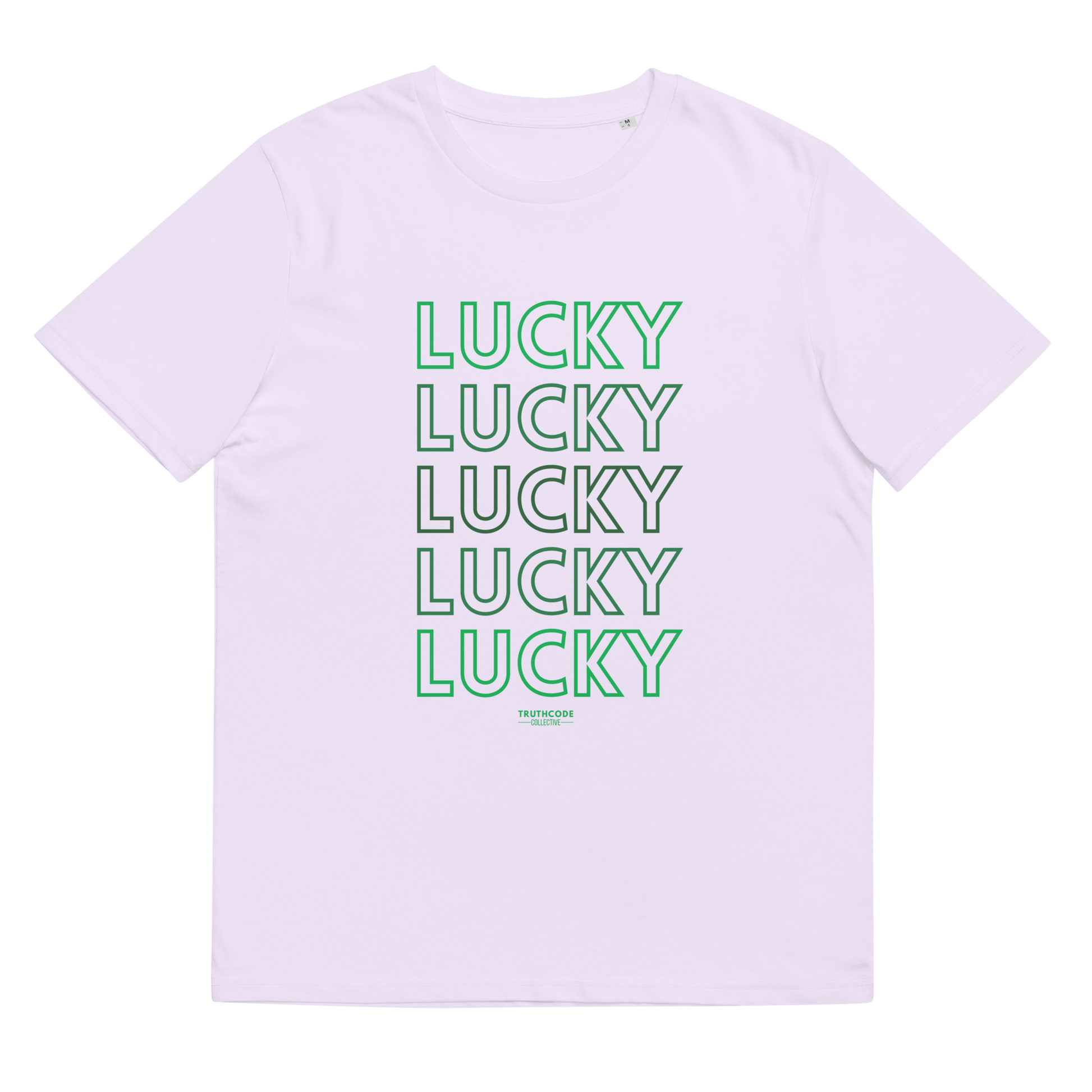 Lavender organic t-shirt with 'LUCKY' text in green on a white background