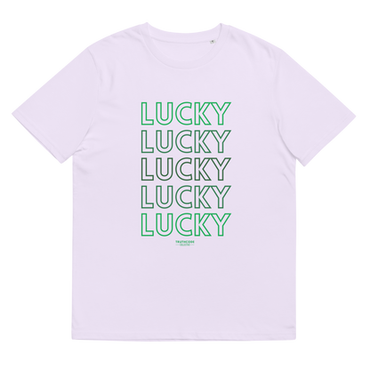 Lavender organic t-shirt with 'LUCKY' text in green on a white background