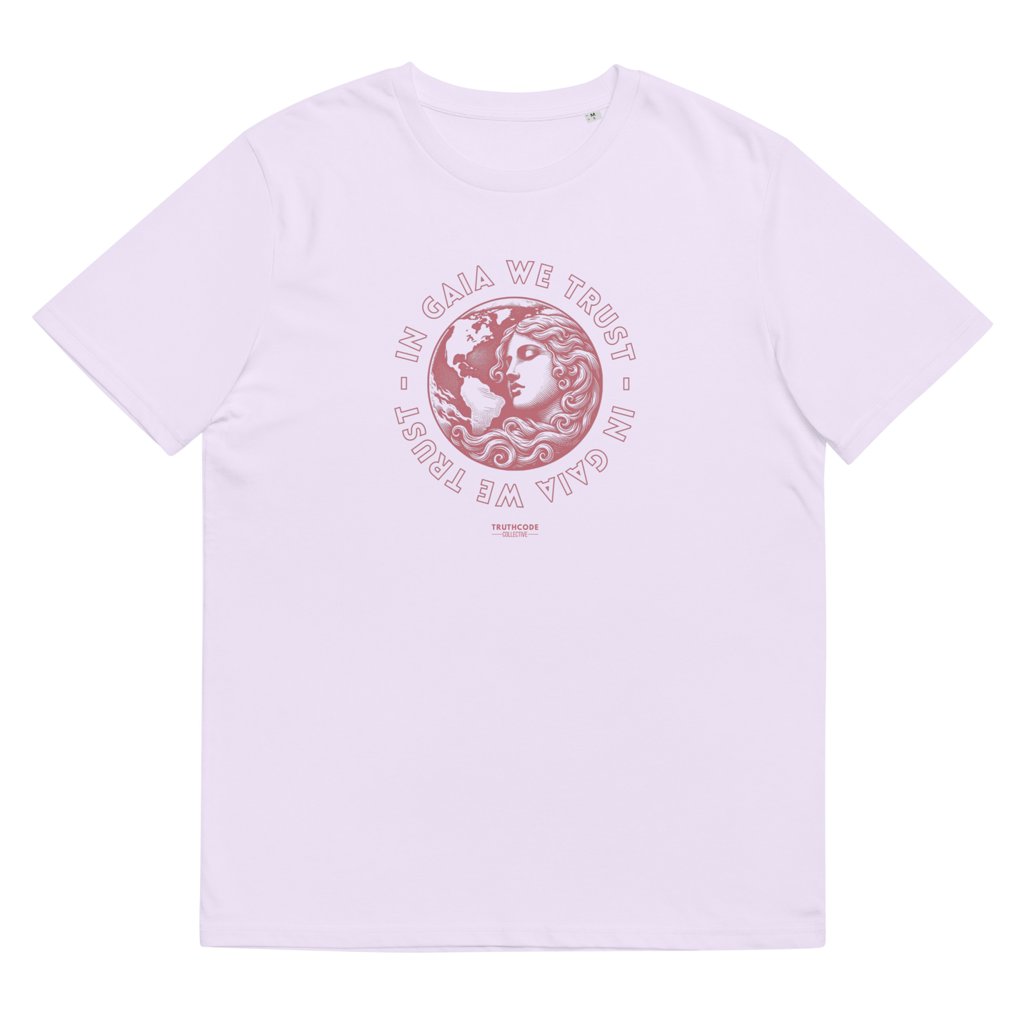 Lavender organic t-shirt with graphic design of earth and a woman and text 'In Gaia we trust' on a white background