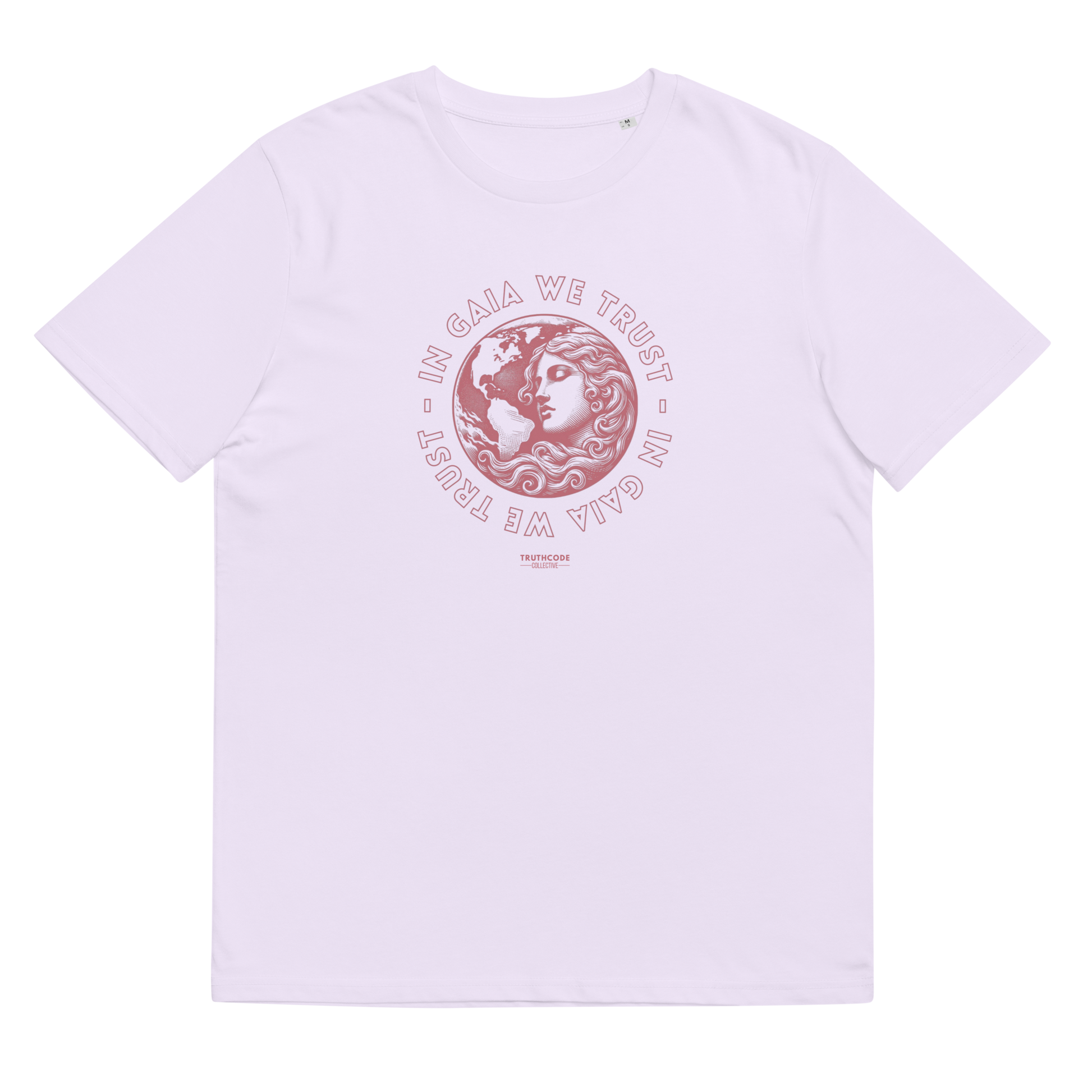 Lavender organic t-shirt with graphic design of earth and a woman and text 'In Gaia we trust' on a white background