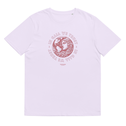 Lavender organic t-shirt with graphic design of earth and a woman and text 'In Gaia we trust' on a white background