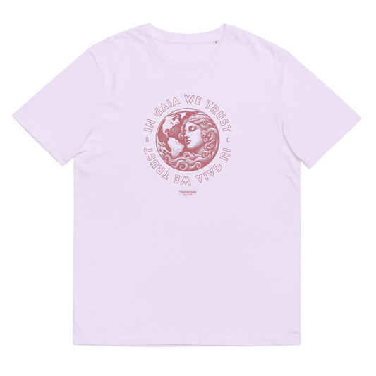 Lavender organic t-shirt with graphic design of earth and a woman and text 'In Gaia we trust' on a white background