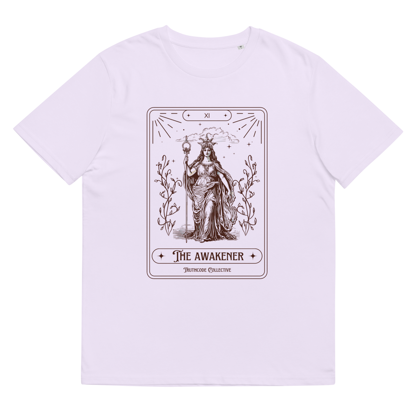 Lavender organic t-shirt with 'The Awakener' tarot card design, on a white background
