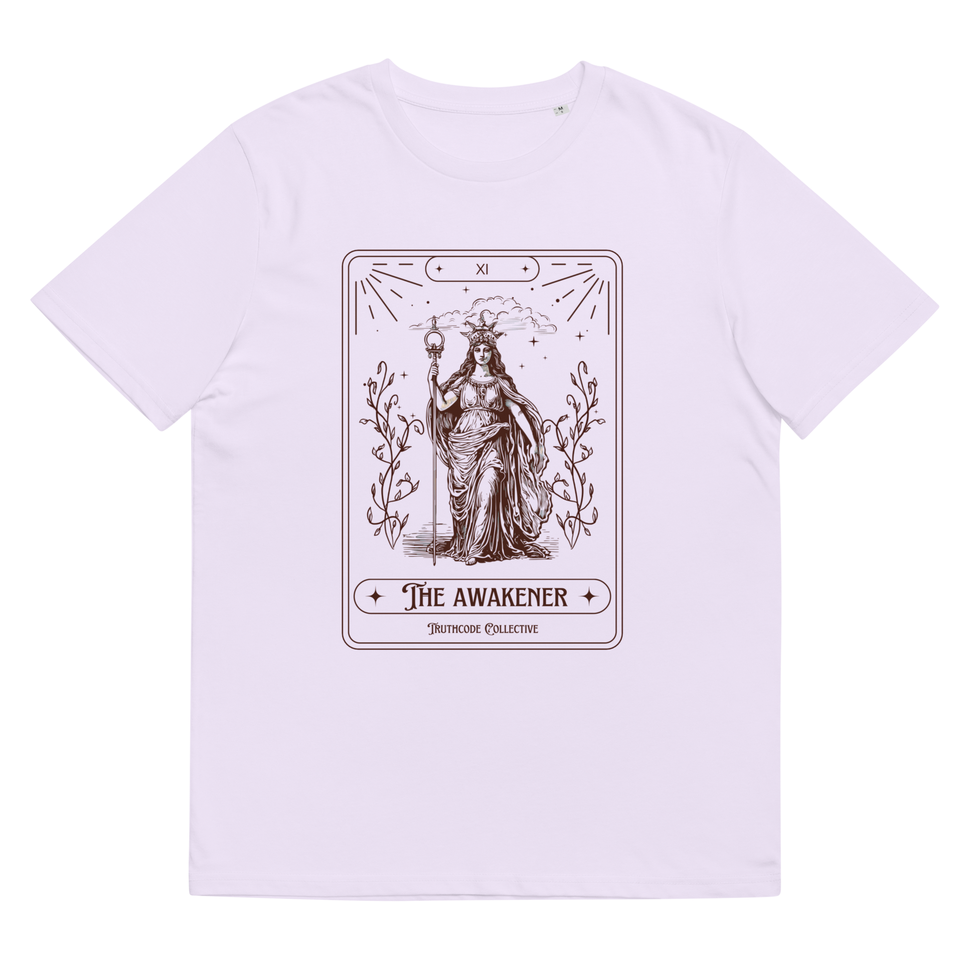 Lavender organic t-shirt with 'The Awakener' tarot card design, on a white background