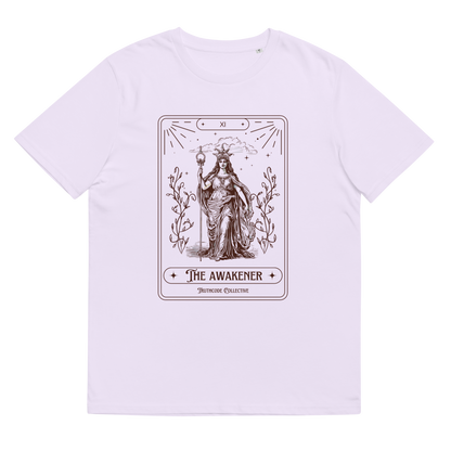 Lavender organic t-shirt with 'The Awakener' tarot card design, on a white background