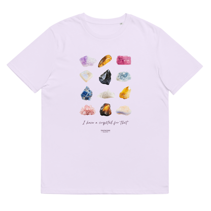 Lavender organic t-shirt with colorful gemstone graphic and text 'I have a crystal for that' against a white background
