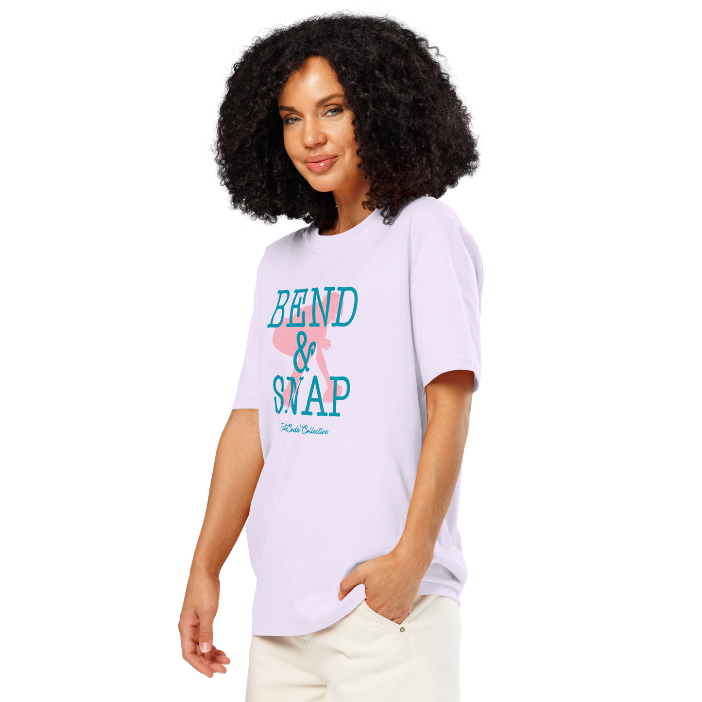 Woman wearing lavender organic t-shirt with 'Bend & Snap' text and football player snapping football silhouette graphic on a white background