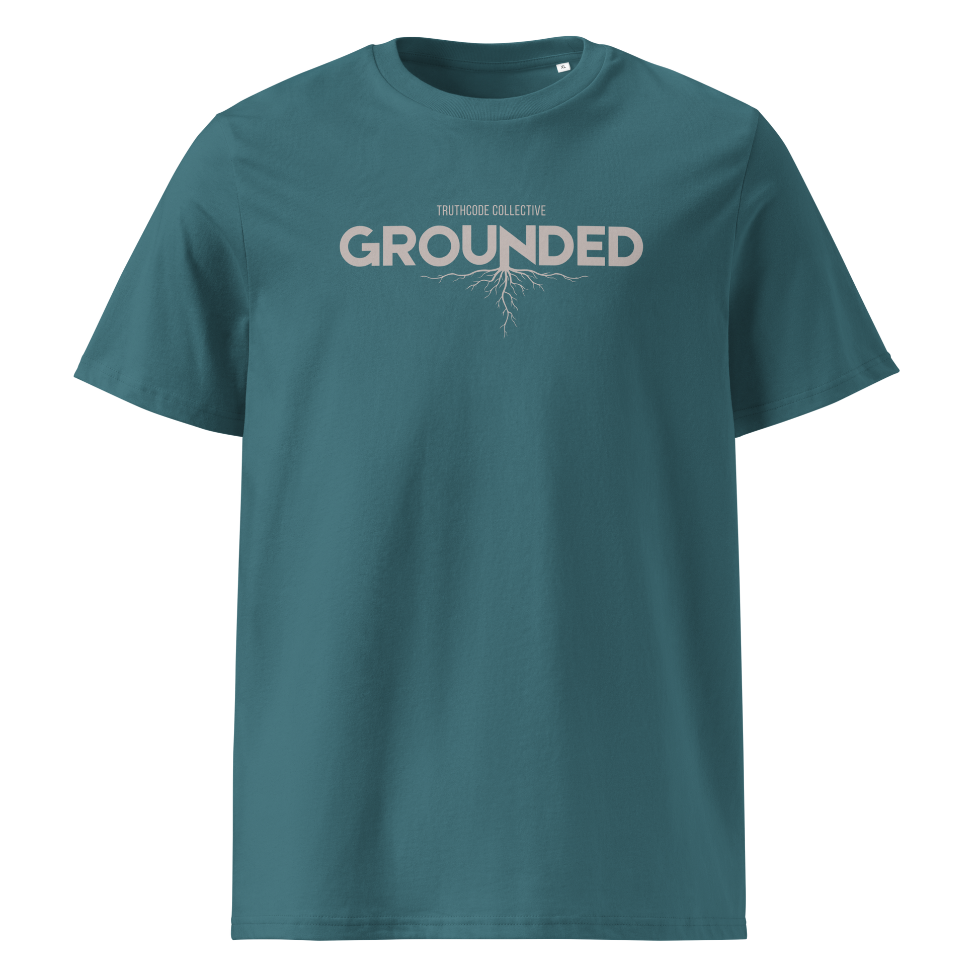 Green organic t-shirt with 'GROUNDED' text and tree root graphic extending down