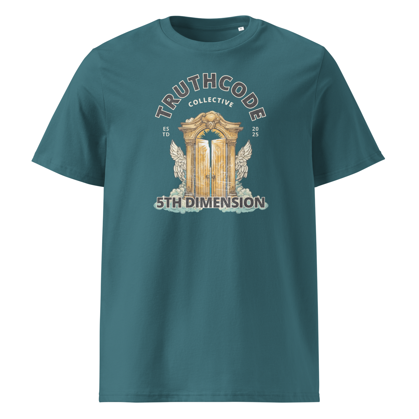 Teal organic t-shirt with 'Truthcode Collective' and '5th Dimension' text and heavenly gates type design on a white background
