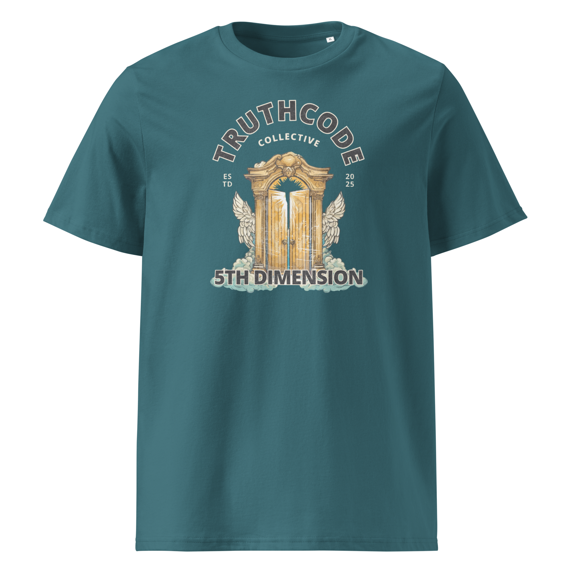 Teal organic t-shirt with 'Truthcode Collective' and '5th Dimension' text and heavenly gates type design on a white background