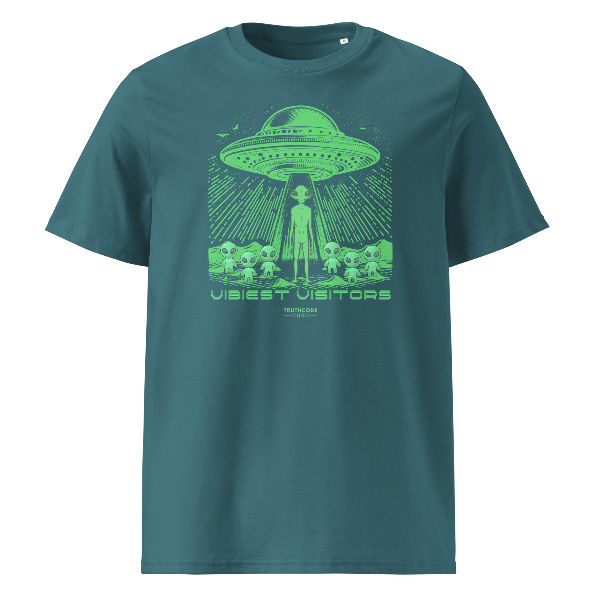 Teal organic t-shirt with green alien abduction graphic and text 'Vibiest visitors' on a white background