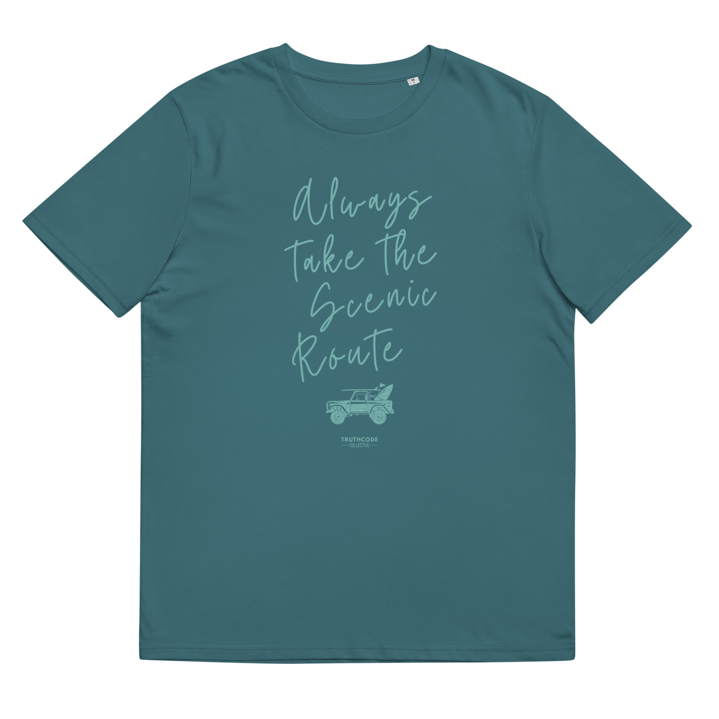 Teal organic t-shirt with text design 'Always take the scenic route' with truck with surf board graphic on a white background