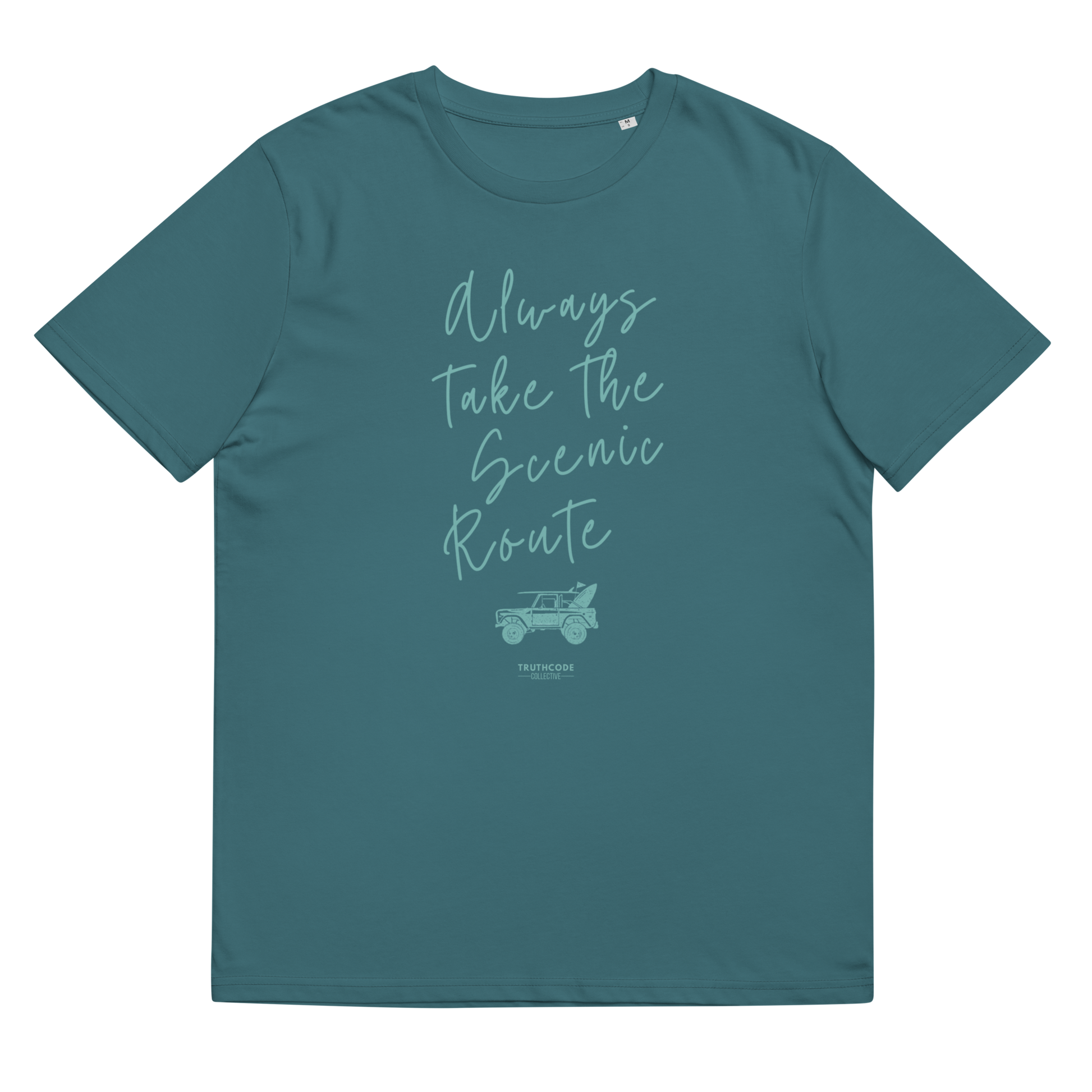 Teal organic t-shirt with text design 'Always take the scenic route' with truck with surf board graphic on a white background