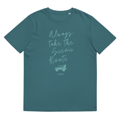 Teal organic t-shirt with text design 'Always take the scenic route' with truck with surf board graphic on a white background