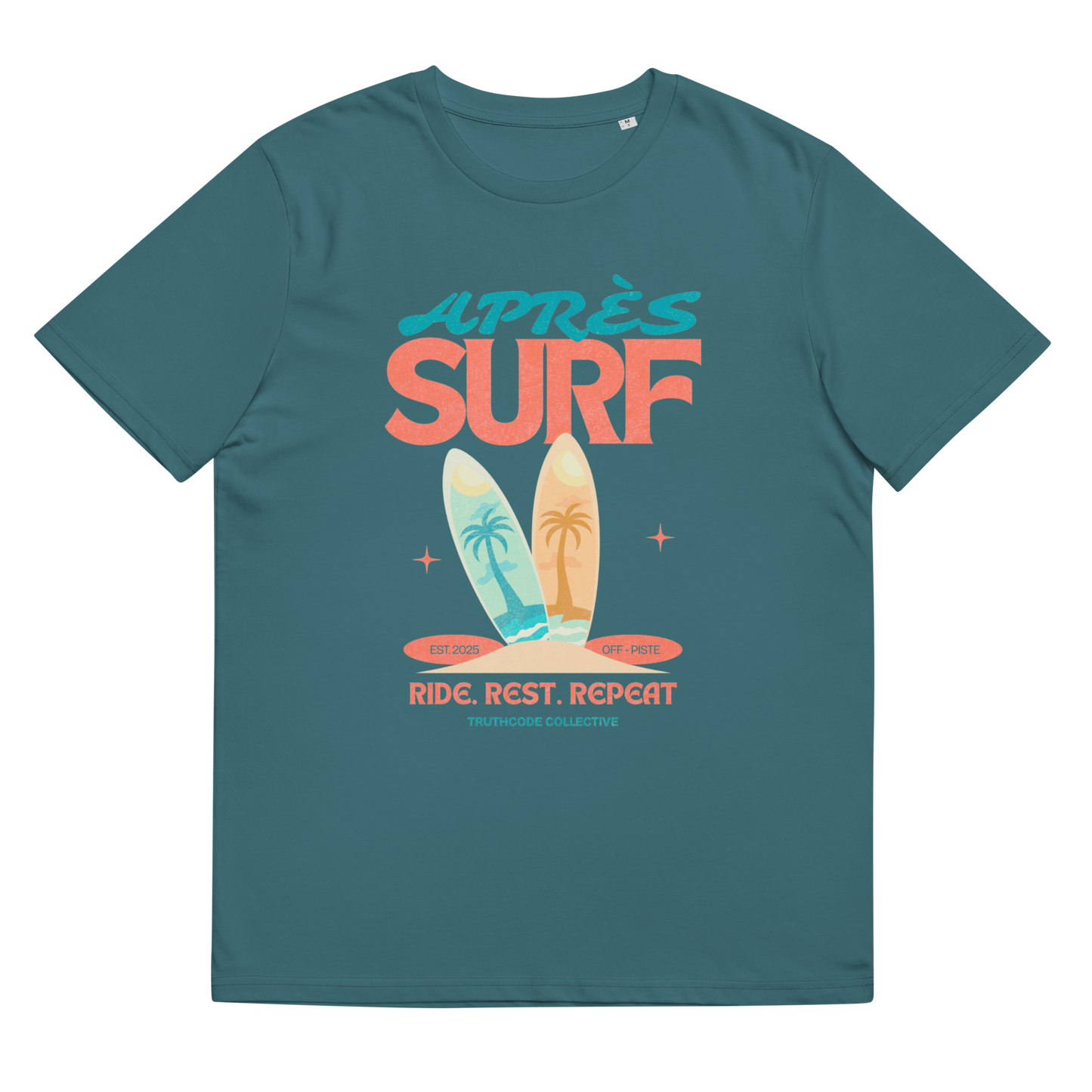 Teal organic t-shirt with 'Apres Surf' graphic design featuring surfboards and palm trees on a white background.