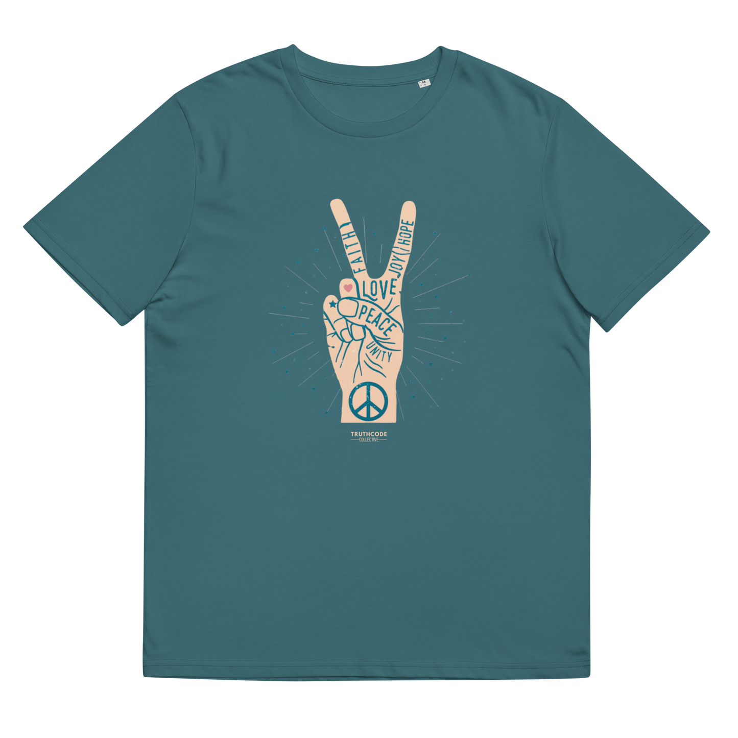 Teal organic t-shirt with a peace sign design and text throughout the hand 'Faith, joy, hope, love, peace, unity', shirt on a white background