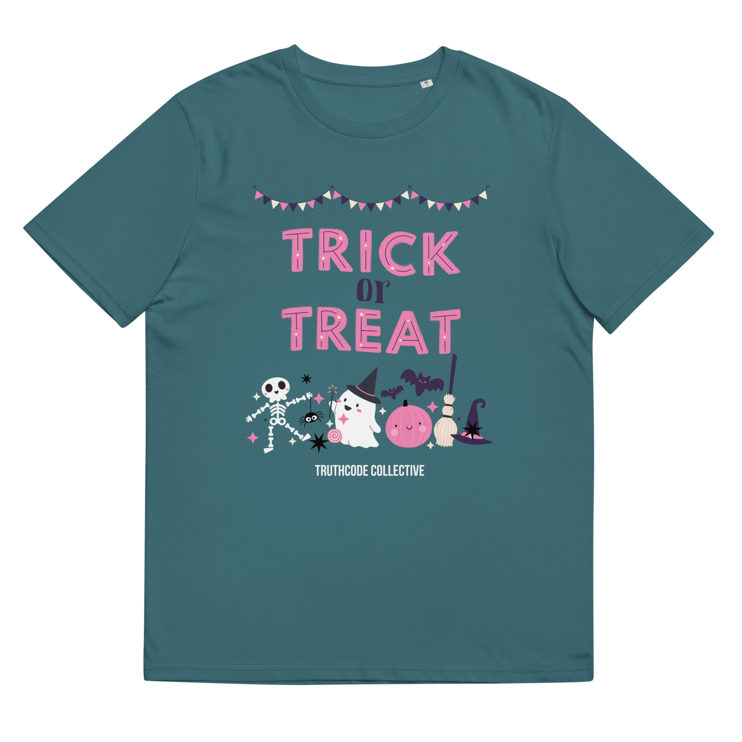 Teal organic t-shirt with 'Trick or Treat' text and Halloween graphics on a white background