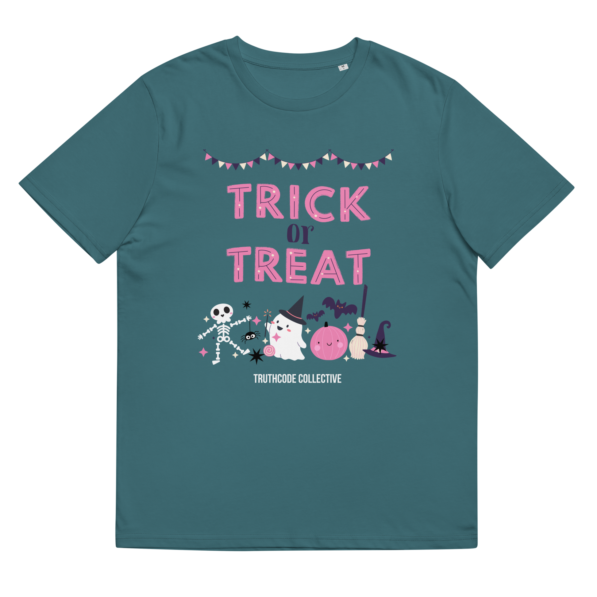 Teal organic t-shirt with 'Trick or Treat' text and Halloween graphics on a white background