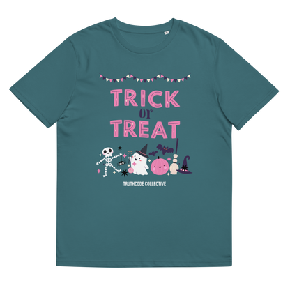 Teal organic t-shirt with 'Trick or Treat' text and Halloween graphics on a white background