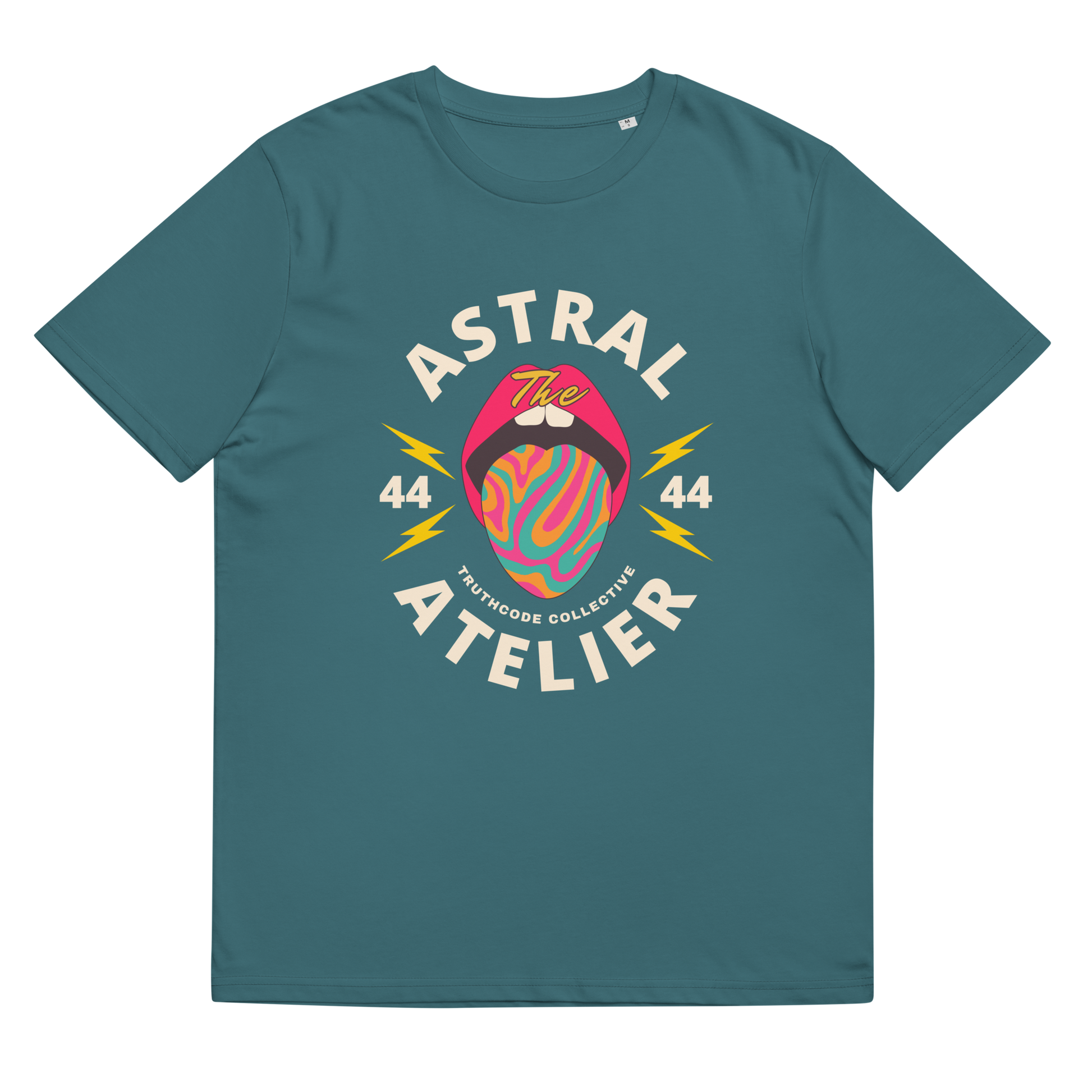 Teal organic t-shirt with a colorful graphic design and text 'Astral Atelier' on a plain background