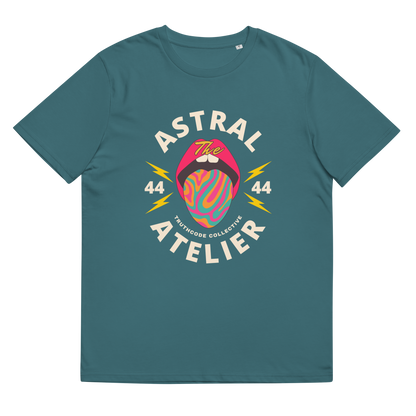 Teal organic t-shirt with a colorful graphic design and text 'Astral Atelier' on a plain background