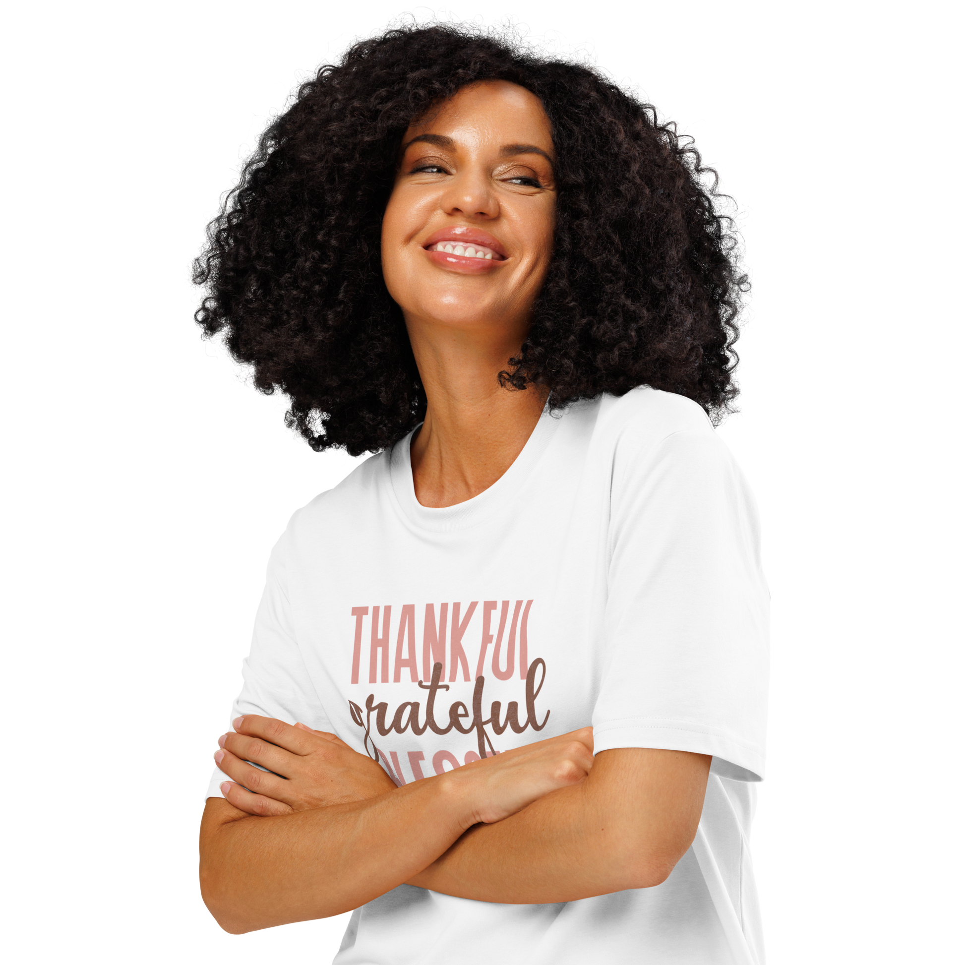 Woman wearing white organic t-shirt with 'Thankful grateful BLESSED' text on a white background