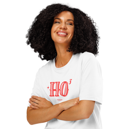 Woman wearing a white t-shirt with red text on a white background