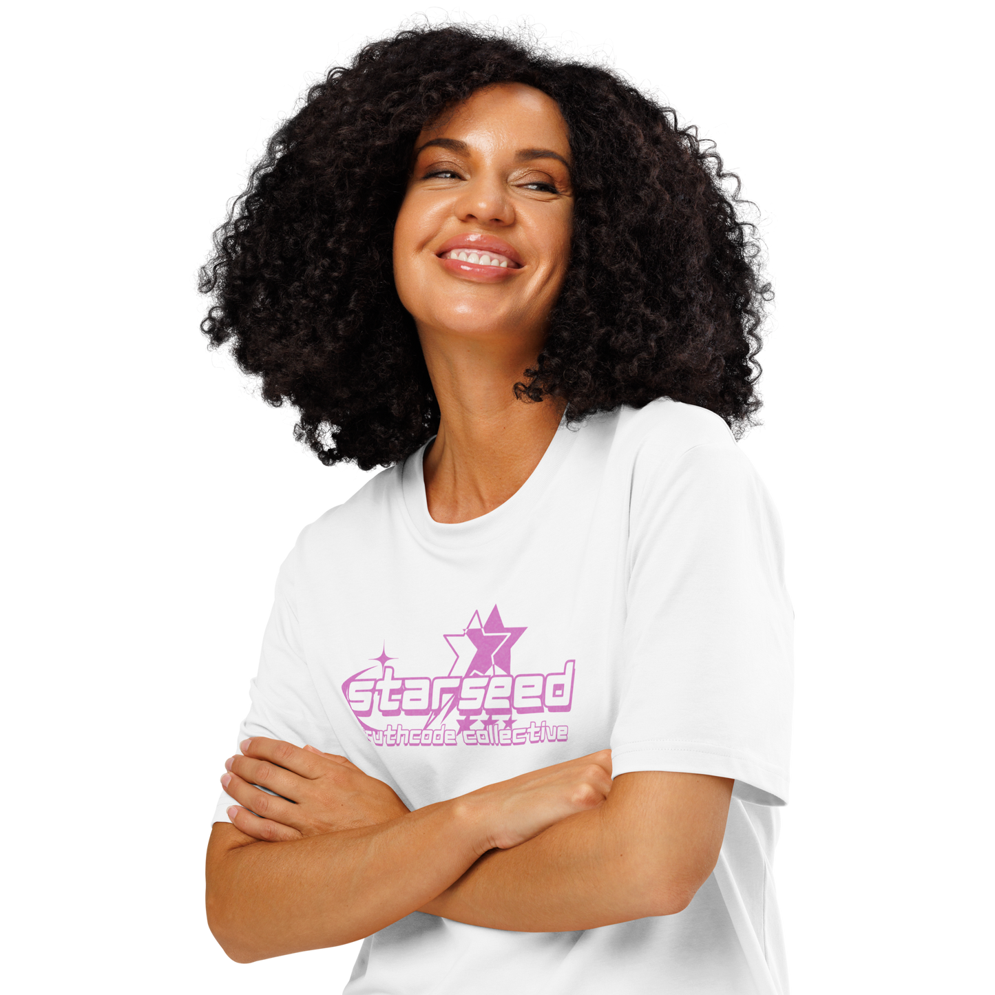 Woman wearing white organic t-shirt with pink text 'Starseed' and star graphic design, on a white background