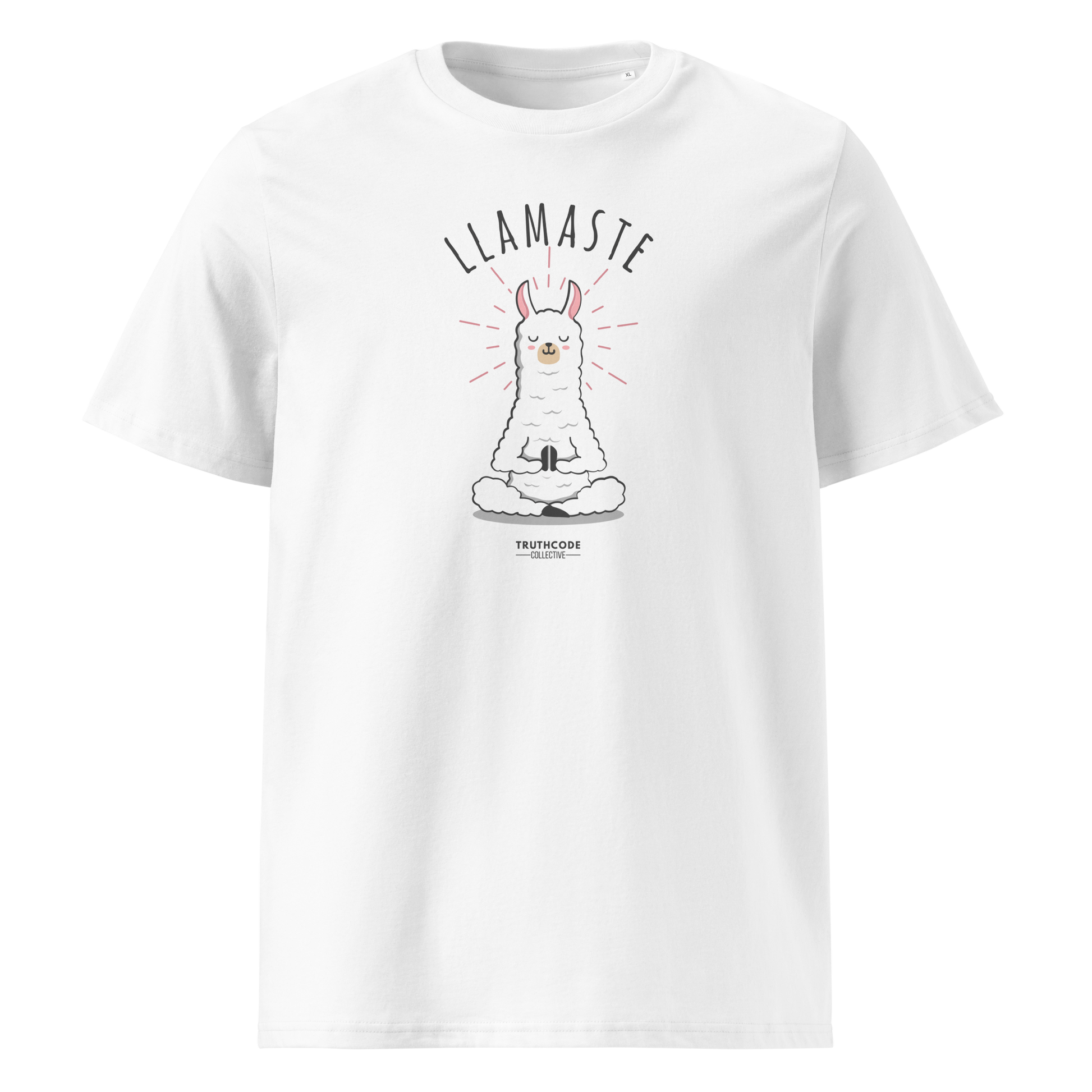 White organic t-shirt with a llama graphic in meditative pose and 'LLAMASTE' text on a white background