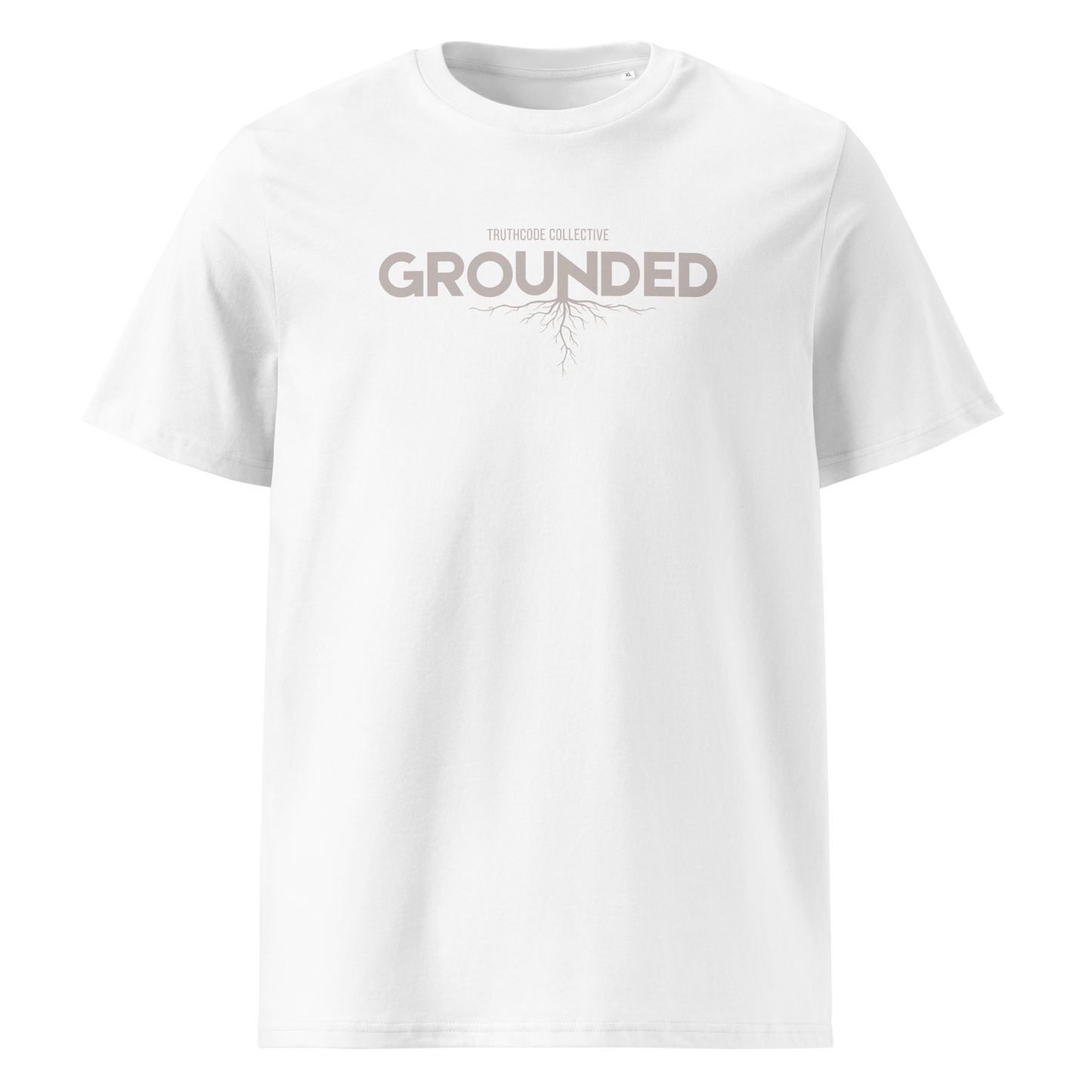 White organic t-shirt with 'GROUNDED' text and tree root graphic extending down