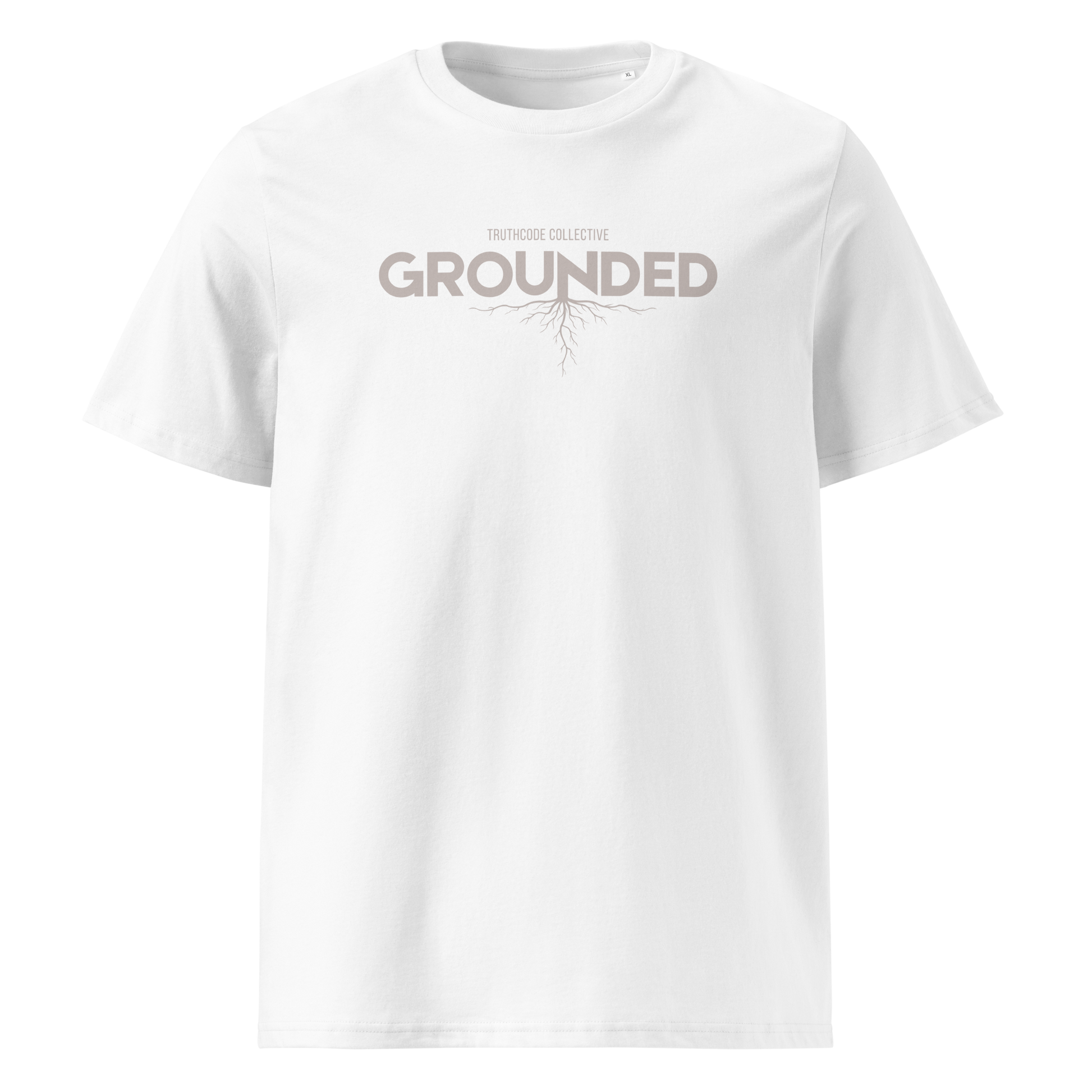 White organic t-shirt with 'GROUNDED' text and tree root graphic extending down