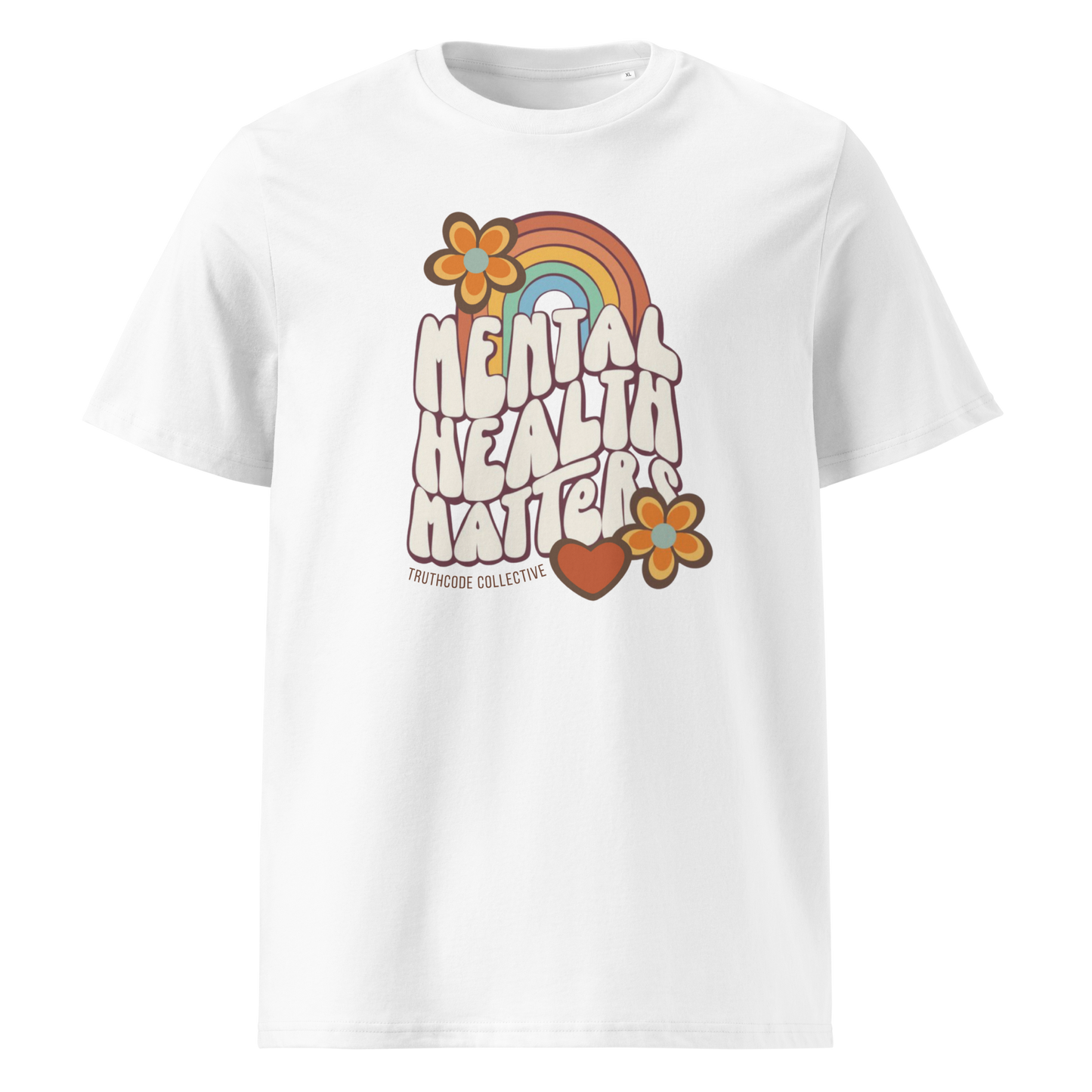 White organic t-shirt with 'Mental Health Matters' graphic design featuring a rainbow and flowers 