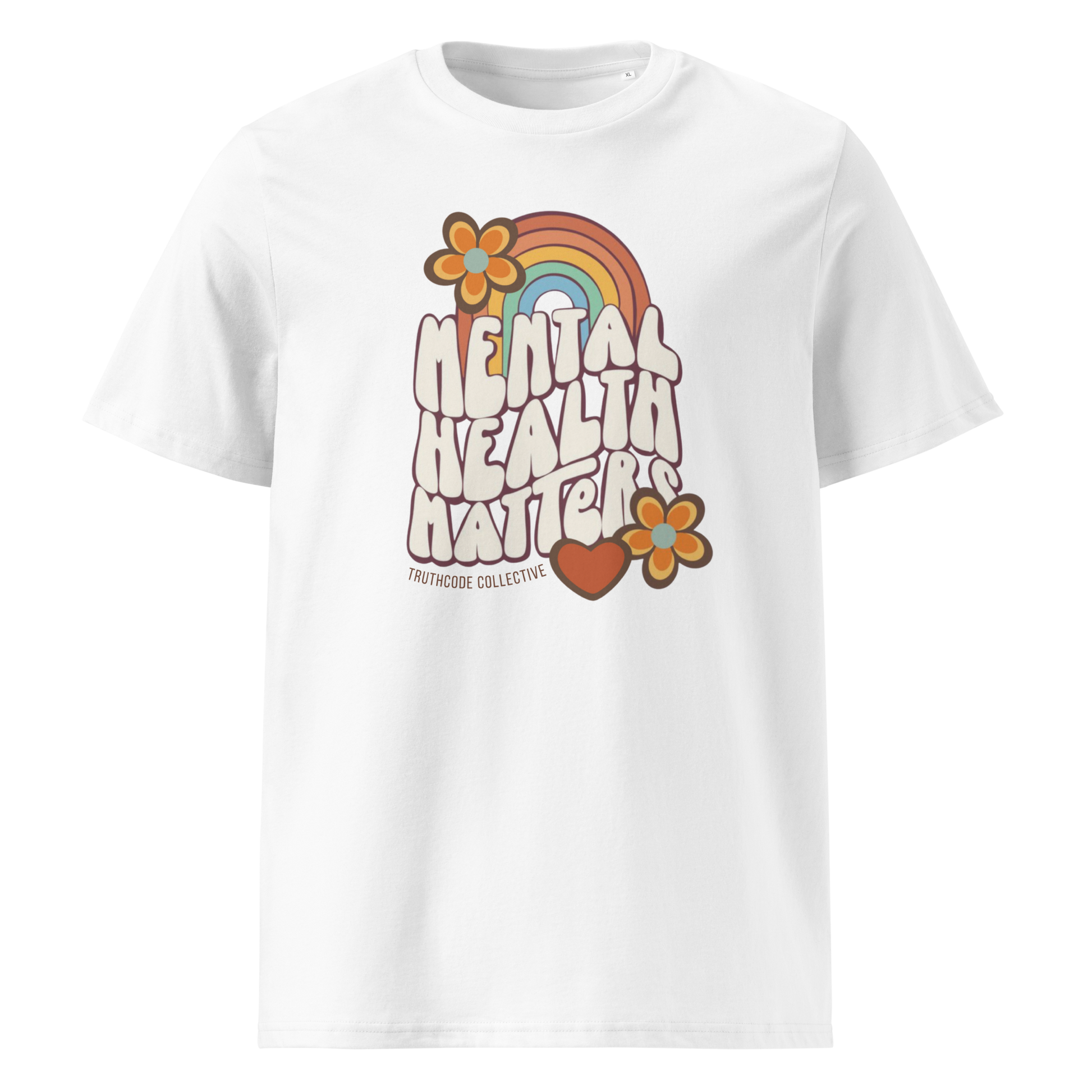 White organic t-shirt with 'Mental Health Matters' graphic design featuring a rainbow and flowers 
