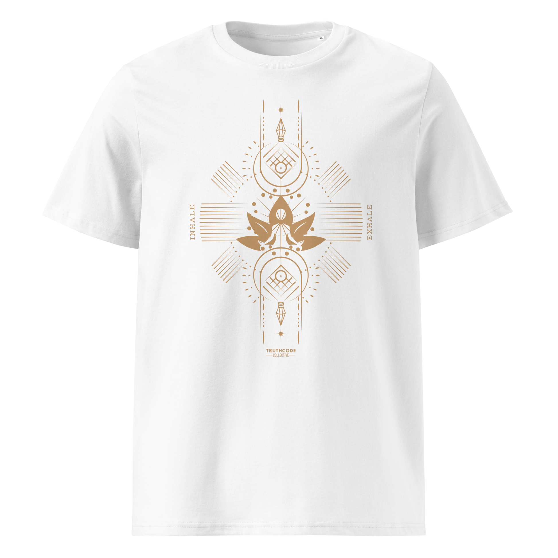 White organic t-shirt with geometric design, lotus flower and meditating person, with text reading 'Inhale, exhale'