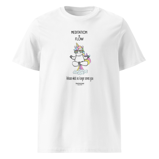 White organic t-shirt with a humorous farting unicorn graphic and text reading 'Meditation + Flow, release what no longer serves you' on a white background