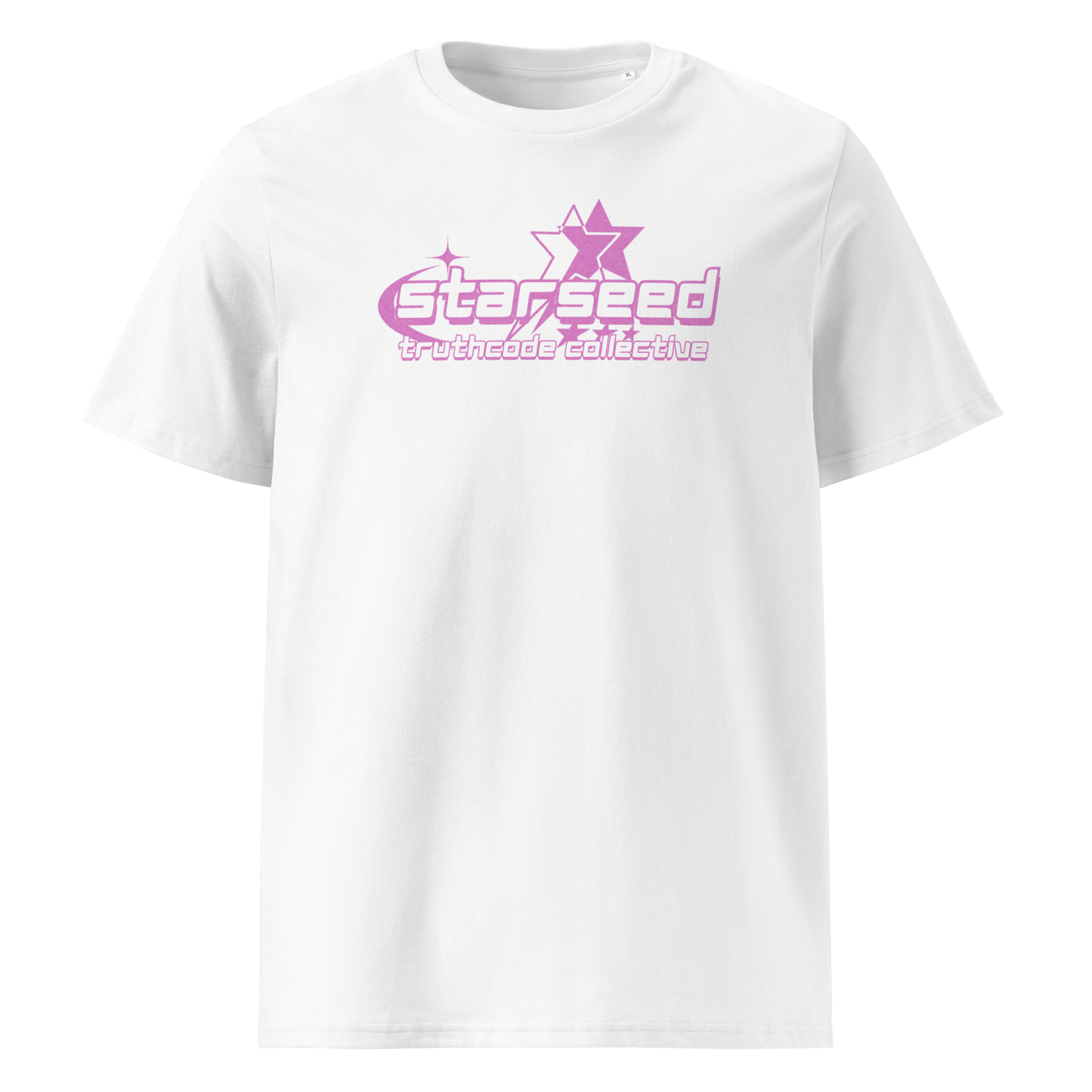 White organic t-shirt with a purple star graphic and  text 'Starseed' on a white background