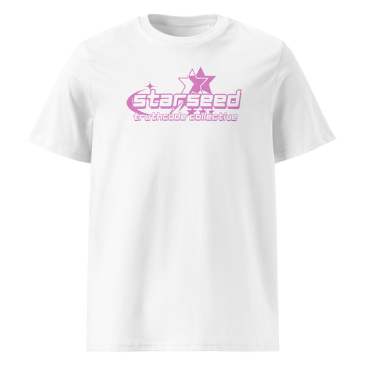 White organic t-shirt with a purple star graphic and  text 'Starseed' on a white background